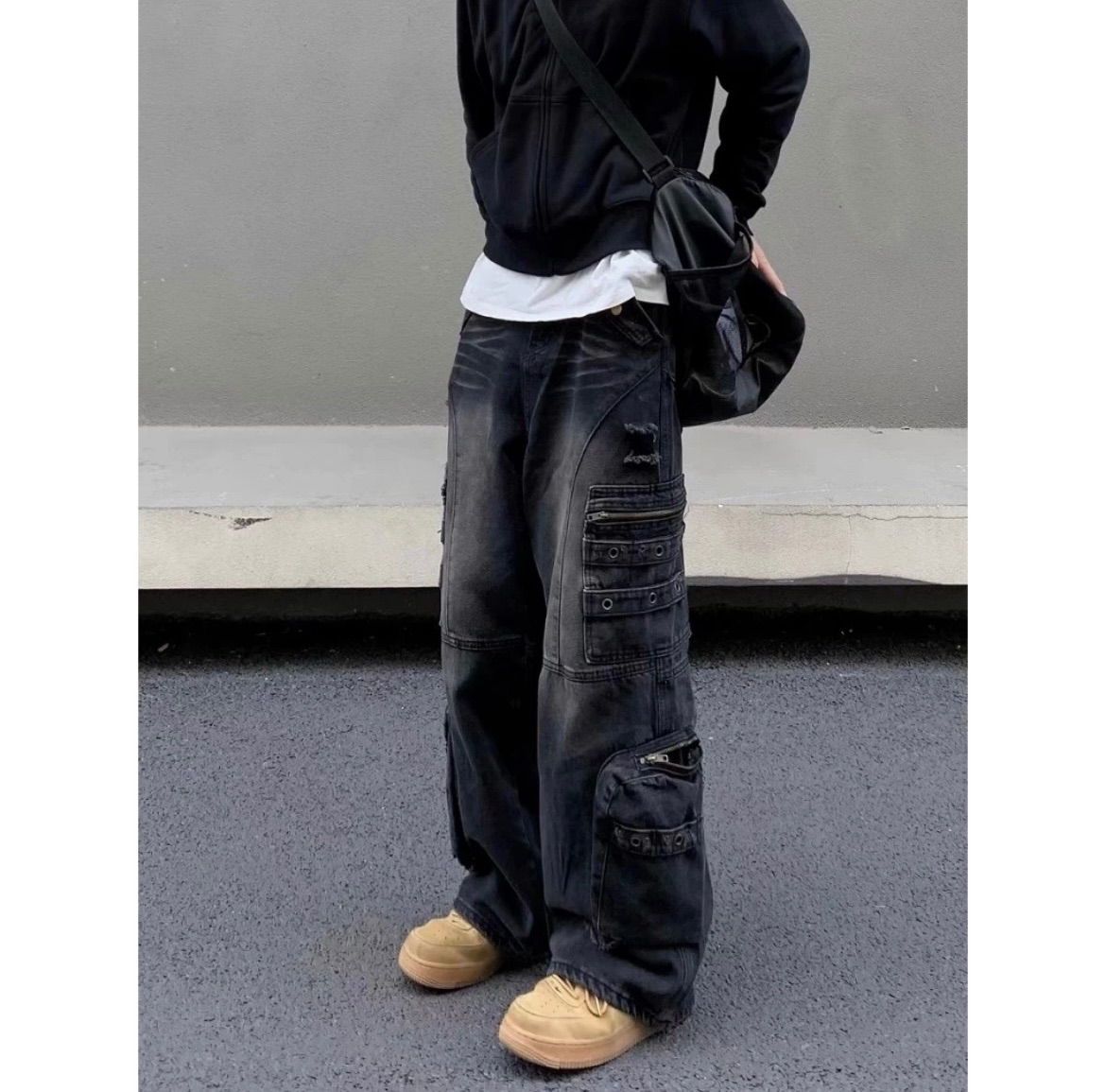 水洗 牛仔 口袋 工裝褲 VIBE Y2K 復古 百搭 韓國 擴腿 寬鬆 工作褲 牛仔褲 長褲