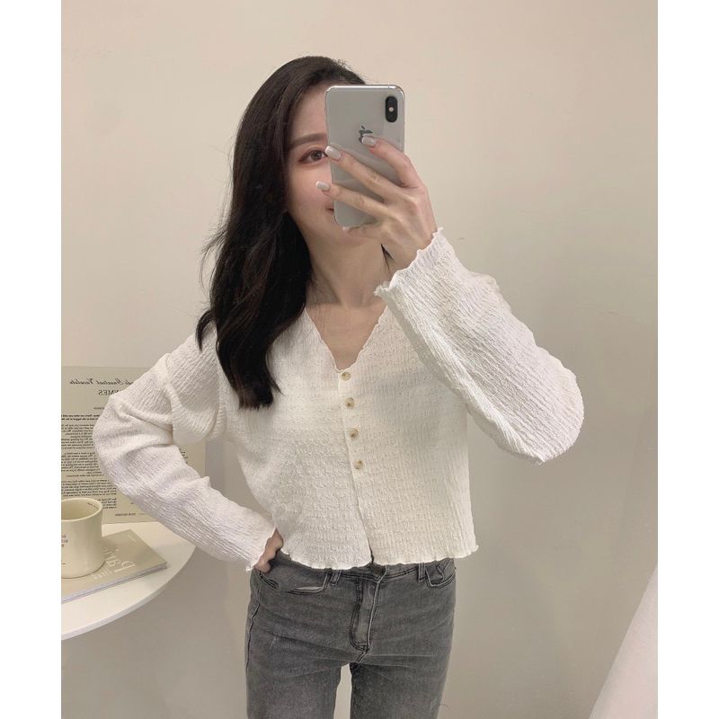 漫遊濟州島🍊V領排釦皺皺上衣 V領捲邊上衣