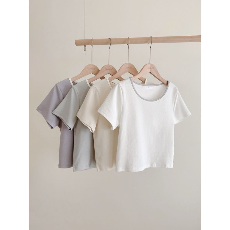 正韓🇰🇷春天調色盤🧑🏻‍🎨圓領滾邊短T  滾邊上衣 撞色上衣