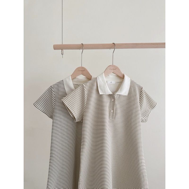 正韓🇰🇷乳酪千層🍰翻領條紋短洋裝 短袖條紋洋裝 短洋裝