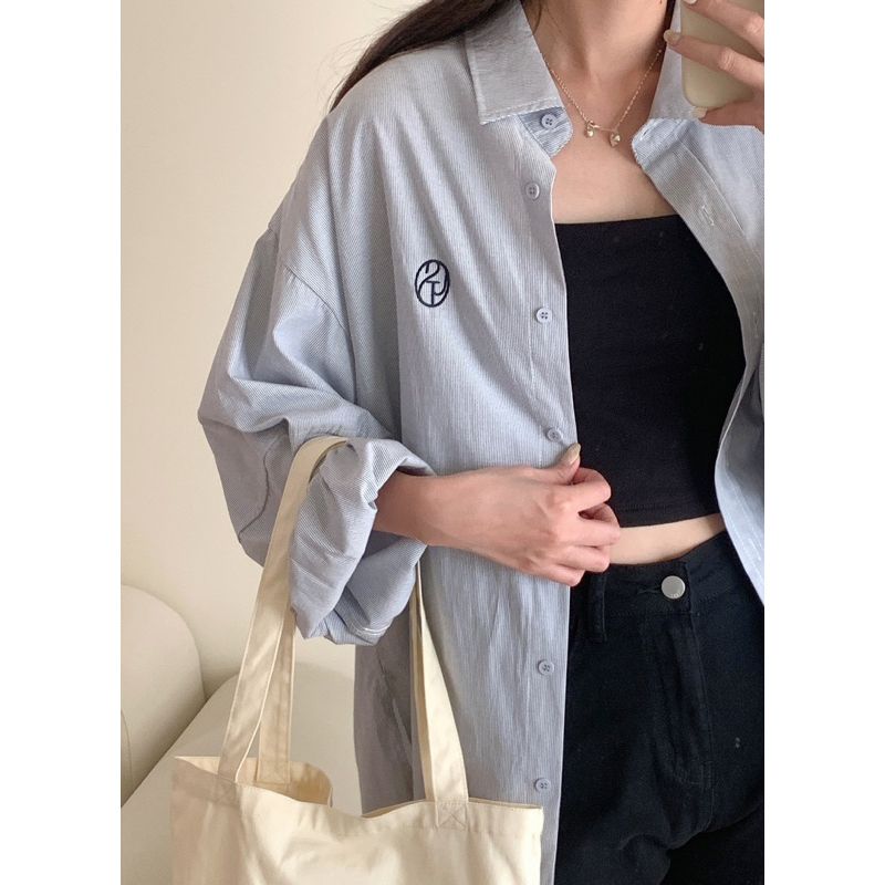 來件男友風👦🏻刺繡字母條紋襯衫