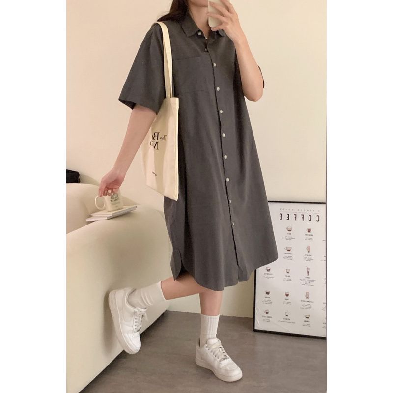 夏日新寵☀️口袋水洗襯衫連衣裙 短袖水洗襯衫洋裝 長版襯衫