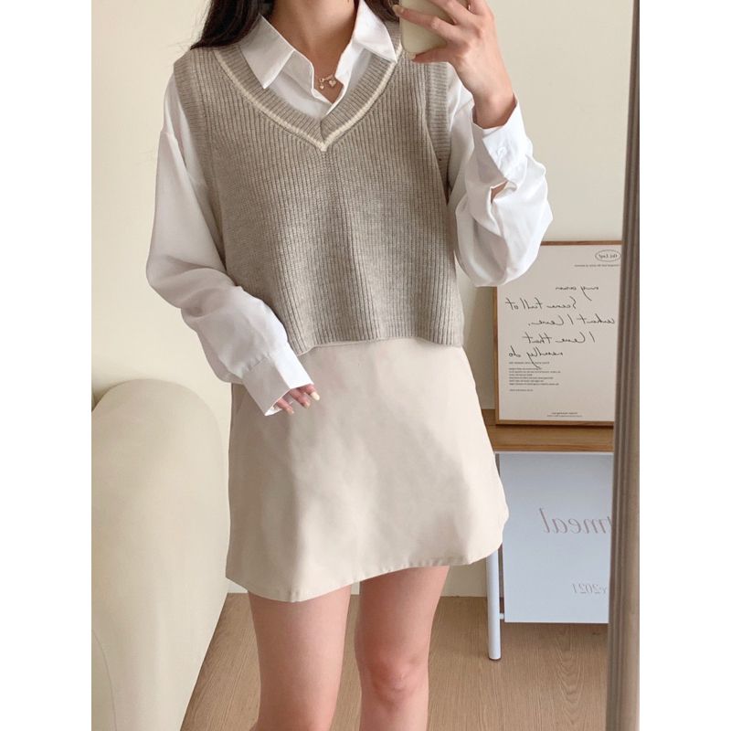 正韓🇰🇷奶油夾心🥯撞色V領針織背心 滾邊針織背心 V領針織背心