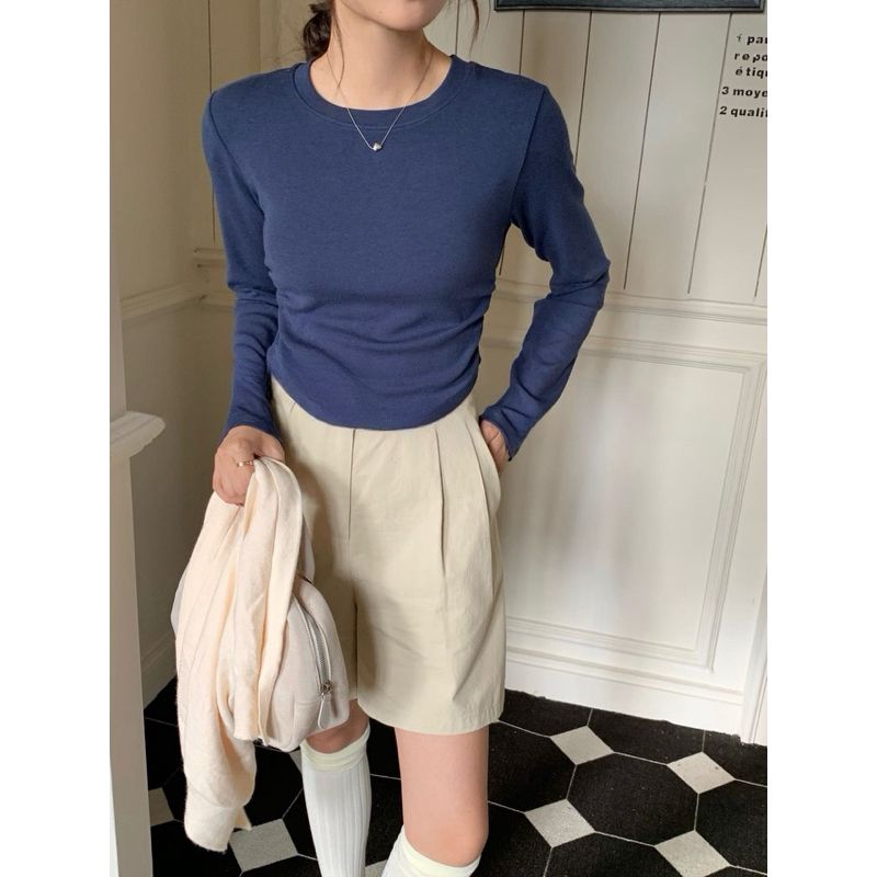 沒它不行✋🏻圓領側抓皺上衣 圓領打底短T  素面上衣 純色長Tee