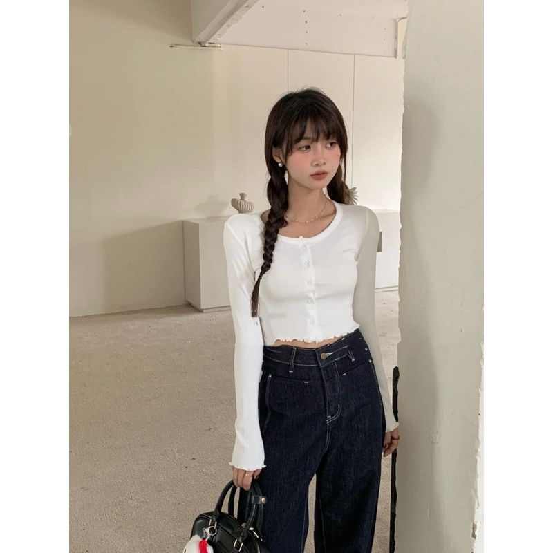 迎接秋日🌬️捲邊排釦上衣 圓領排釦上衣 捲邊上衣 圓領素T