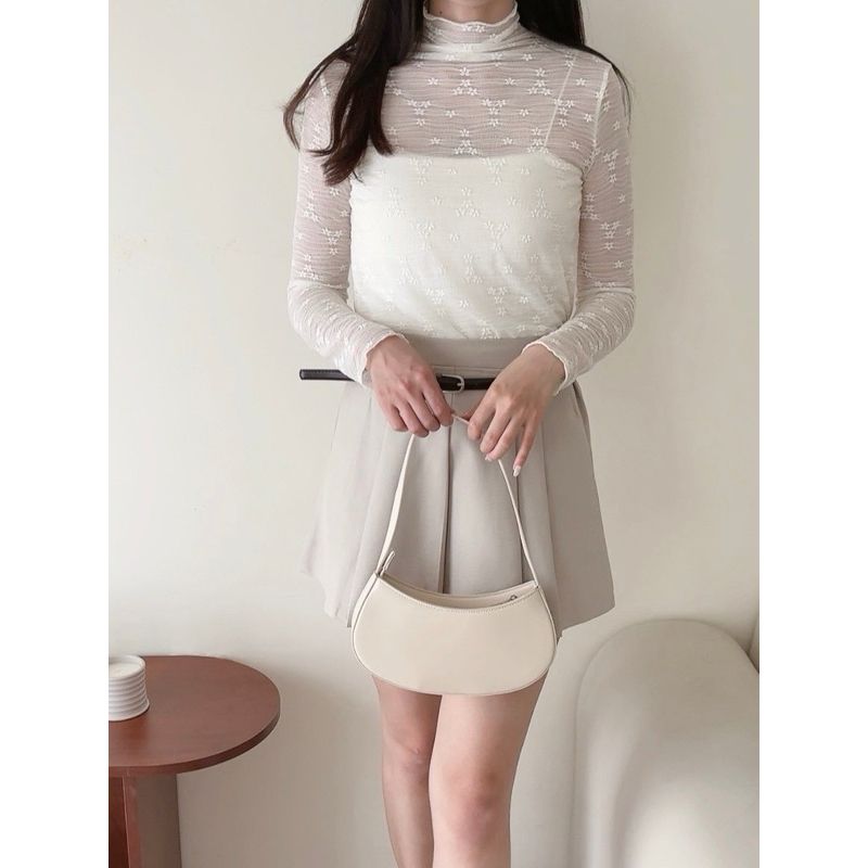 疊穿法則🍒緹花立領透膚上衣 捲邊透膚上衣 小花織紋透膚上衣 捲邊內搭上衣