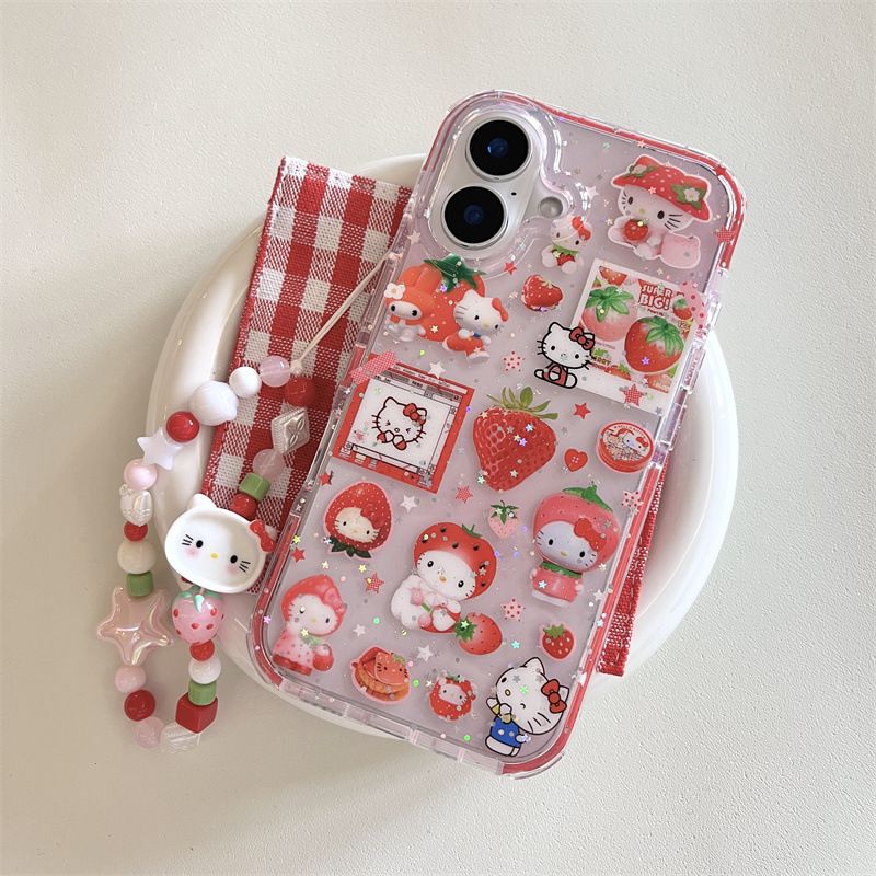 11 p.m.| 可愛卡通 亮片 草莓凱蒂貓 凱蒂貓插圖 珠珠掛繩吊飾 iPhone手機殼（14-17）