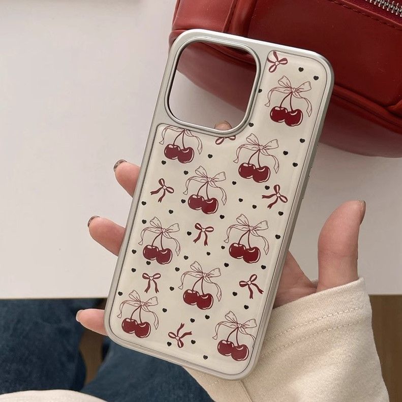 11 p.m.| ins高級感 紅色蝴蝶結櫻桃 電鍍銀邊 iPhone手機殼（13-16）