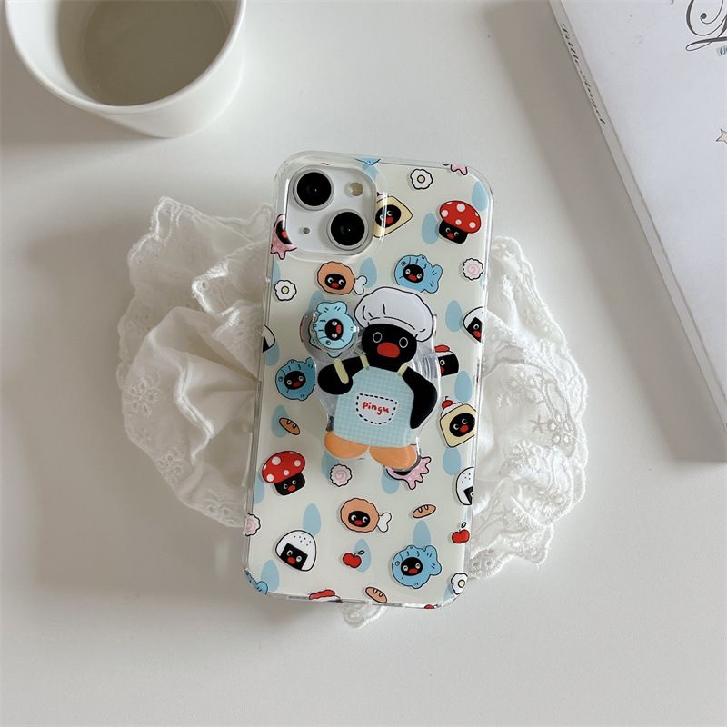 11 p.m.| 卡通可愛 廚師企鵝 鯛魚燒企鵝 滿版插圖 造型旋轉支架 iPhone手機殼（13-16）