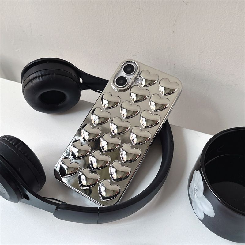 11 p.m.| 個性高級感立體愛心滿版愛心電鍍銀iPhone手機殼（11-17/11pro/mini/plus/air