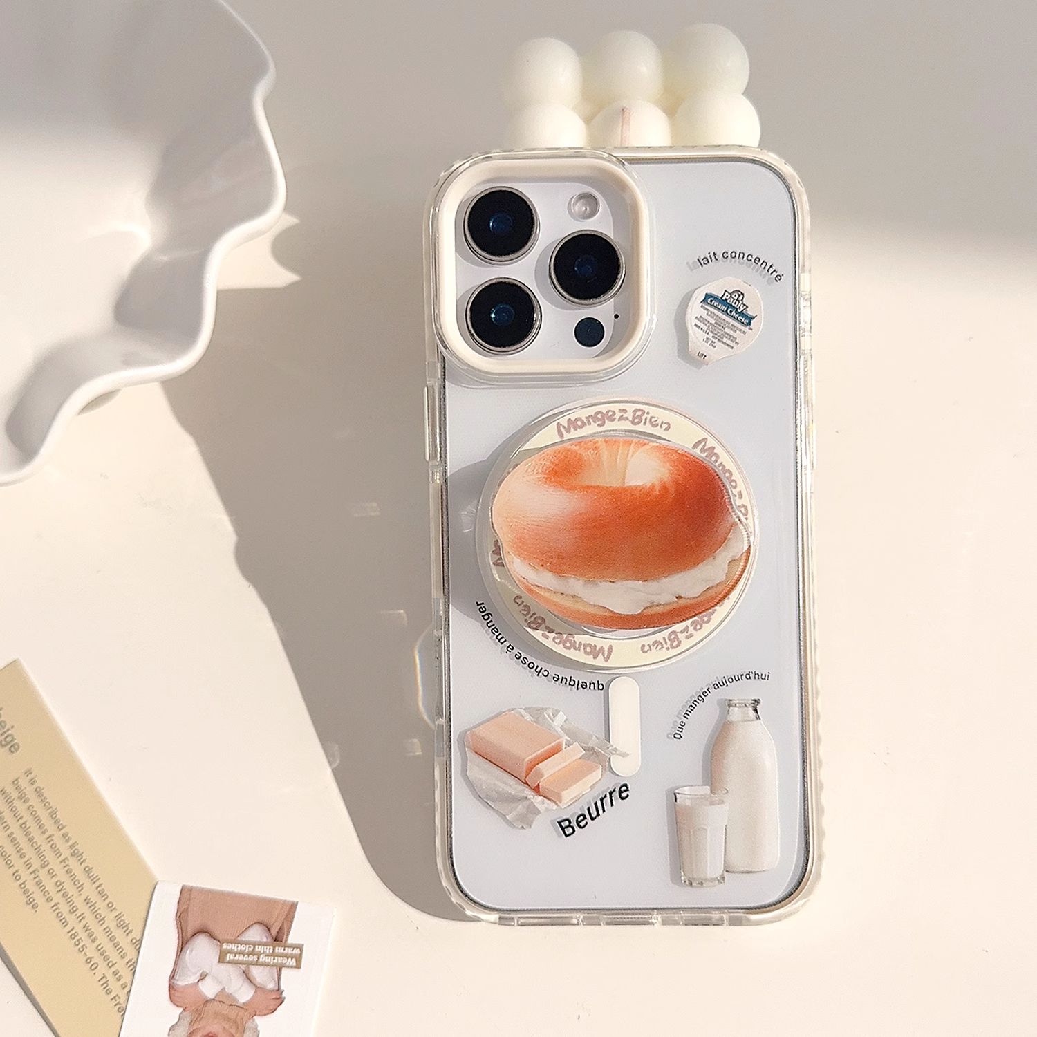 11 p.m.| ins小眾 奶油貝果 牛奶插圖 貝果磁吸支架 防摔iPhone手機殼（11-17）