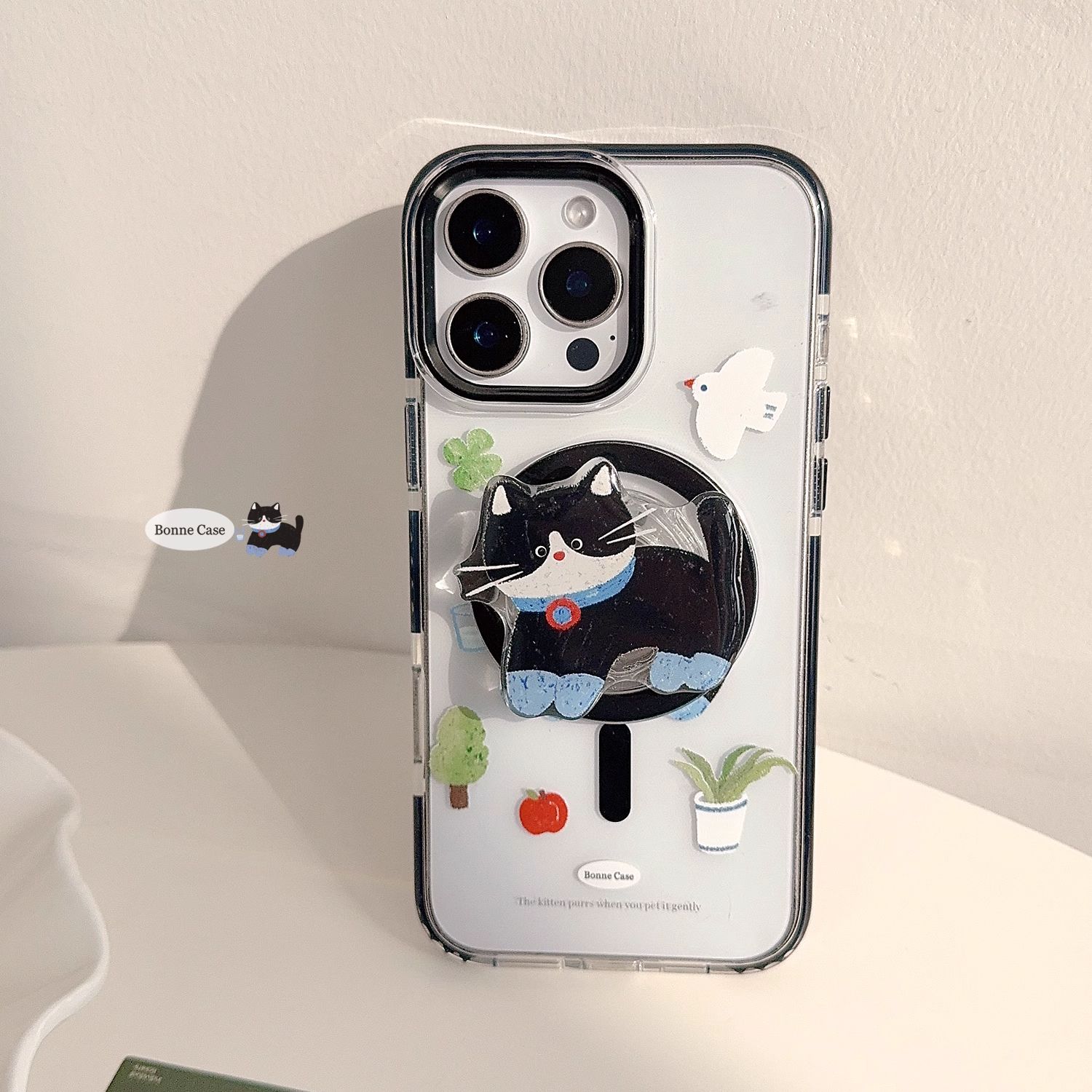 11 p.m.| 可愛蠟筆手繪感 盆栽貓咪插圖 賓士貓插圖 黑邊防摔 磁吸支架 iPhone手機殼（11-17）