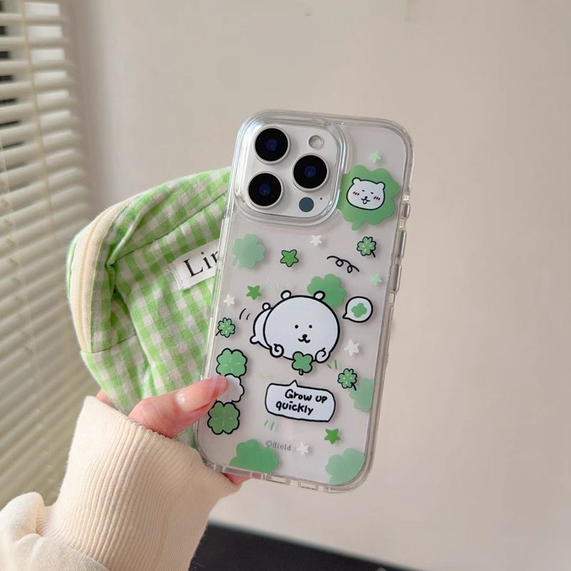 11 p.m.| ins可愛 白色小熊 幸運草 插圖 高級感 防摔加厚 iPhone手機殼