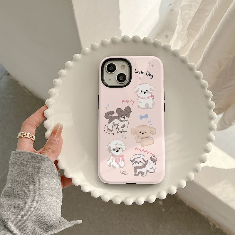 11 p.m.| 可愛粉色 小狗插圖 二合一防摔 iPhone手機殼（x-17/plus/16e/air）