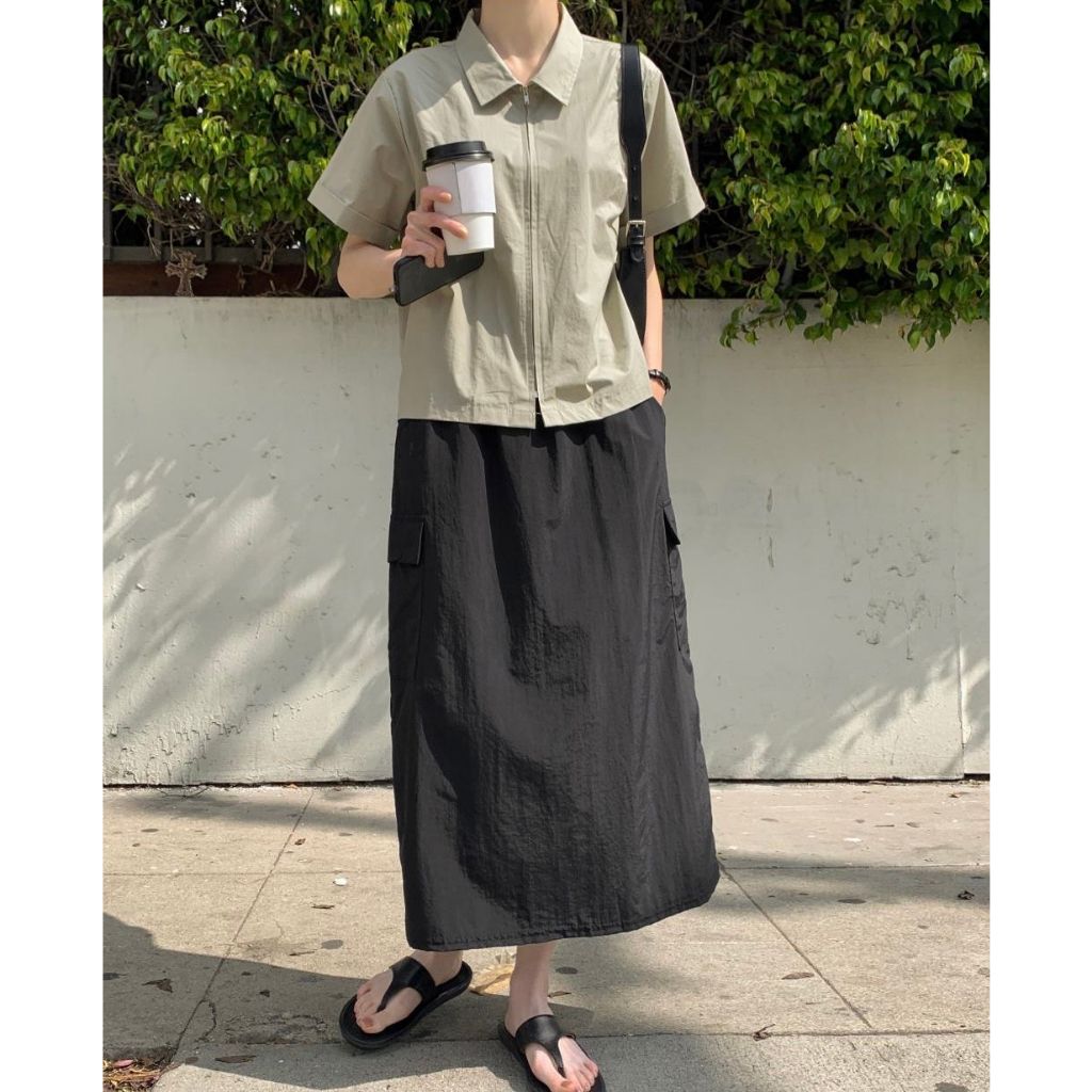 尼龍鬆緊工裝長裙