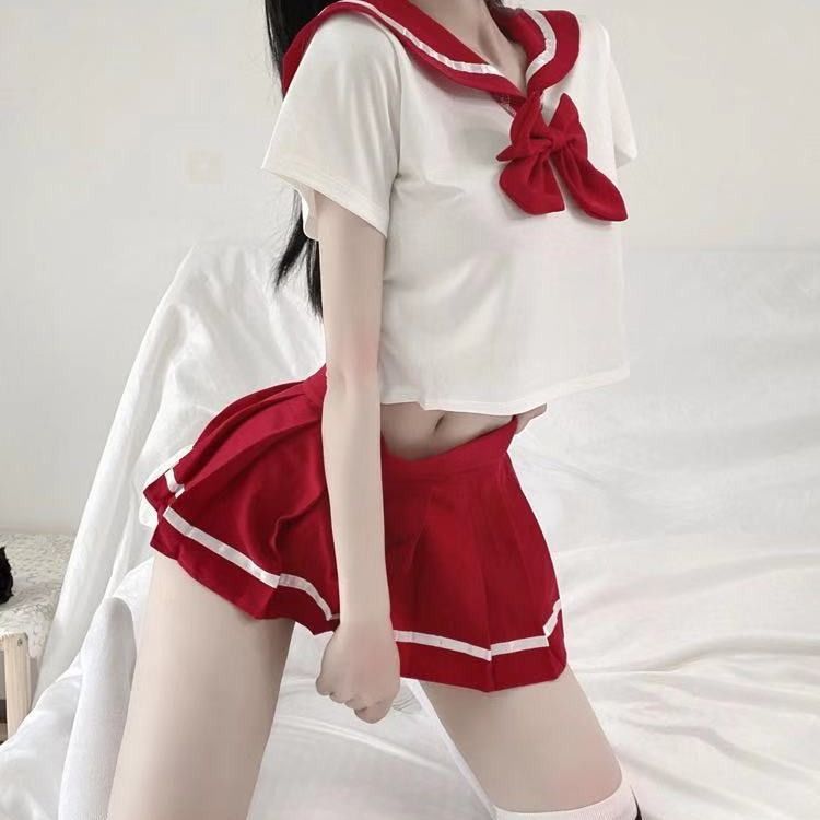 清纯學生制服激情青春紅藍黑百褶裙角色扮演+同款襪（共3色）5474