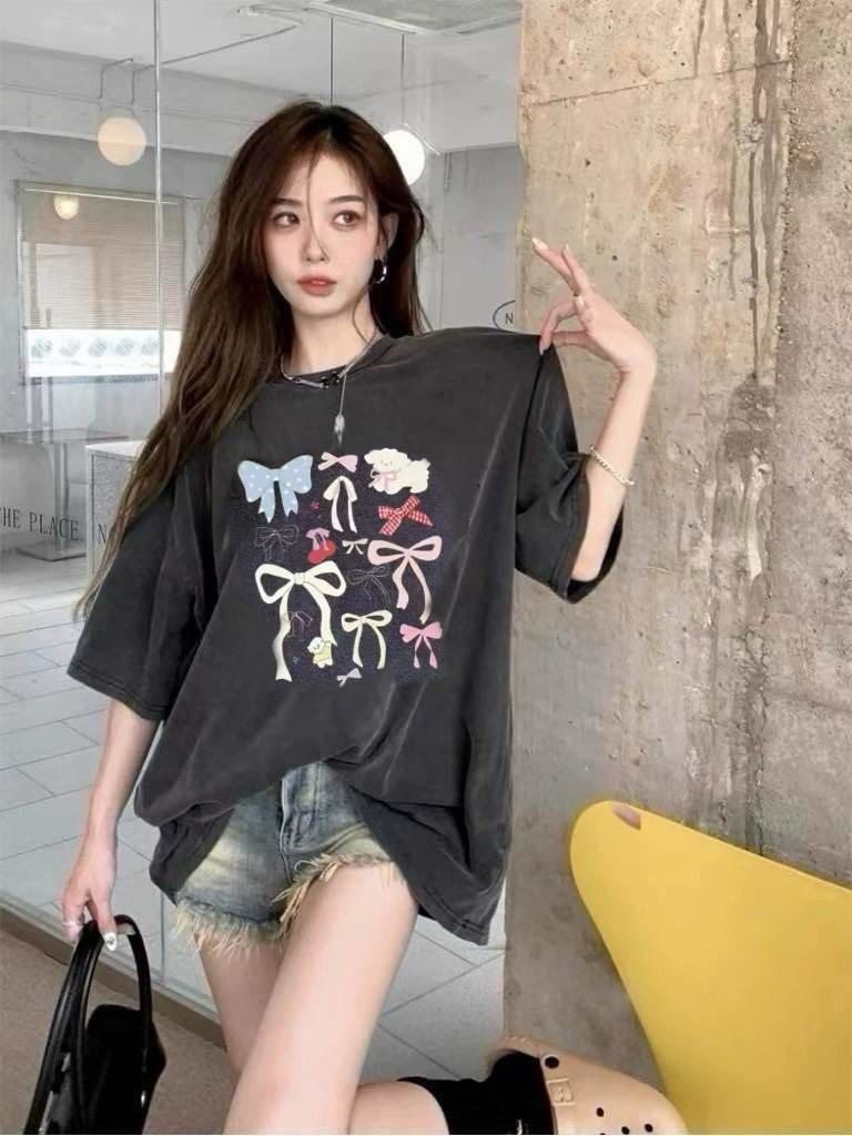 ✔️彩色蝴蝶結小狗做舊水洗T