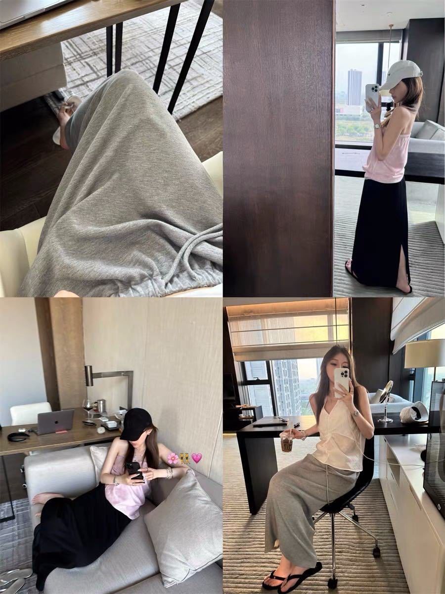 ✔️抽繩高腰後開叉口袋裙