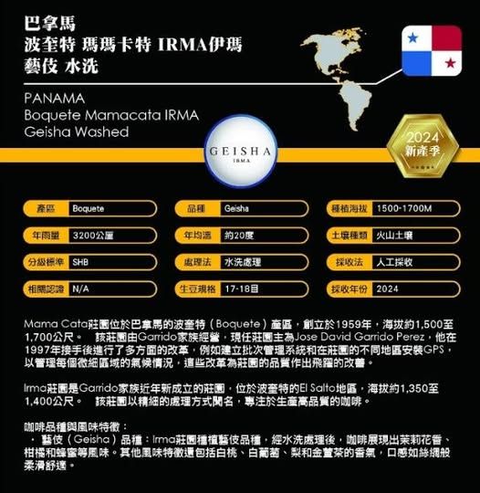 巴拿馬波奎特IRMA瑪瑪卡特莊園伊瑪藝伎水洗