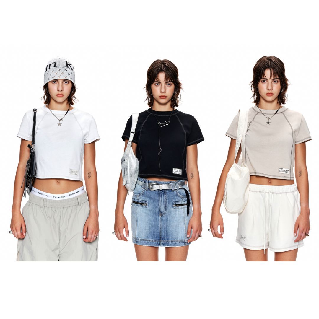MATIN KIM STITCH POINT LABEL CROP TOP IN
