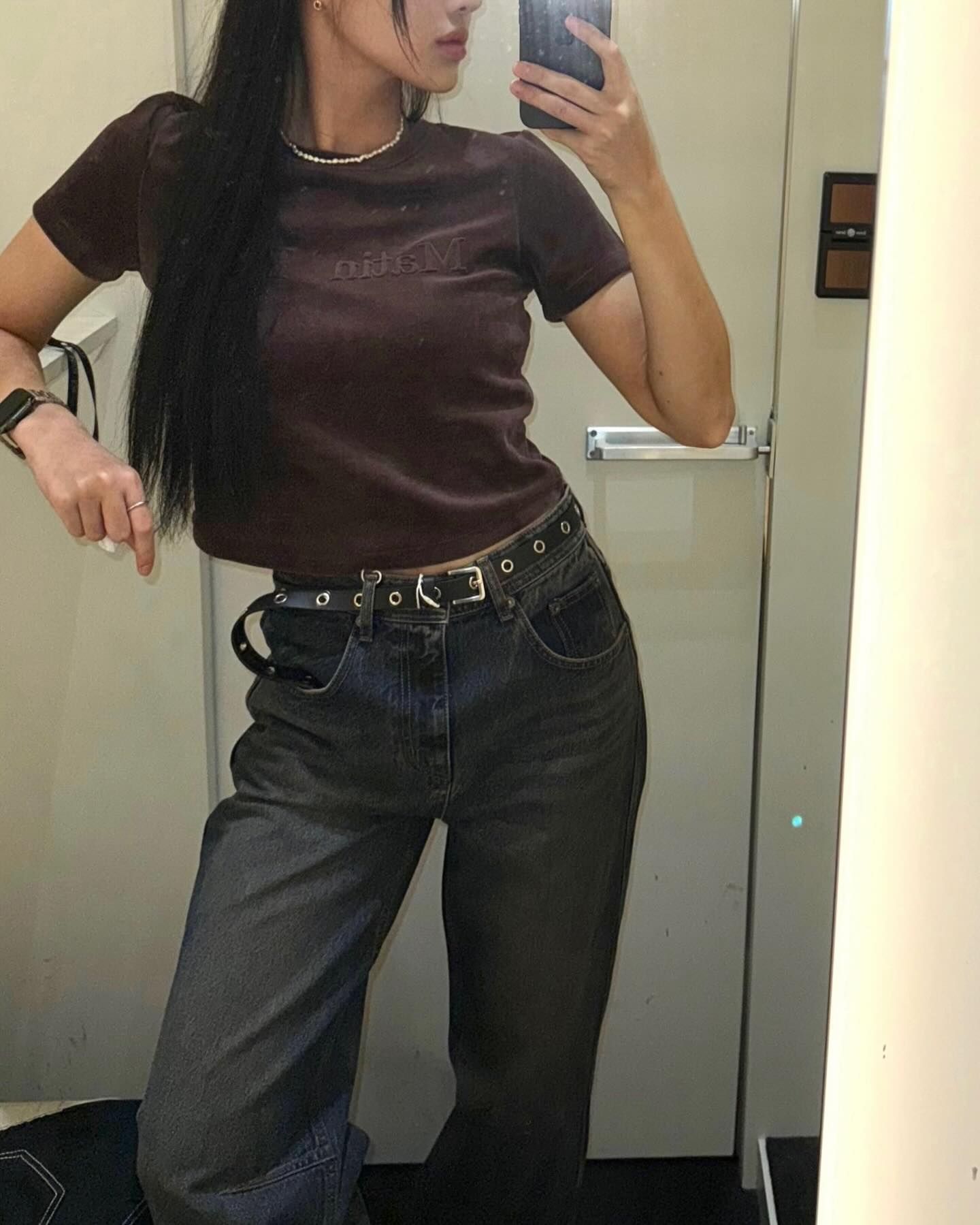 MATIN KIM LOGO EMBOSS VELVET CROP TOP IN