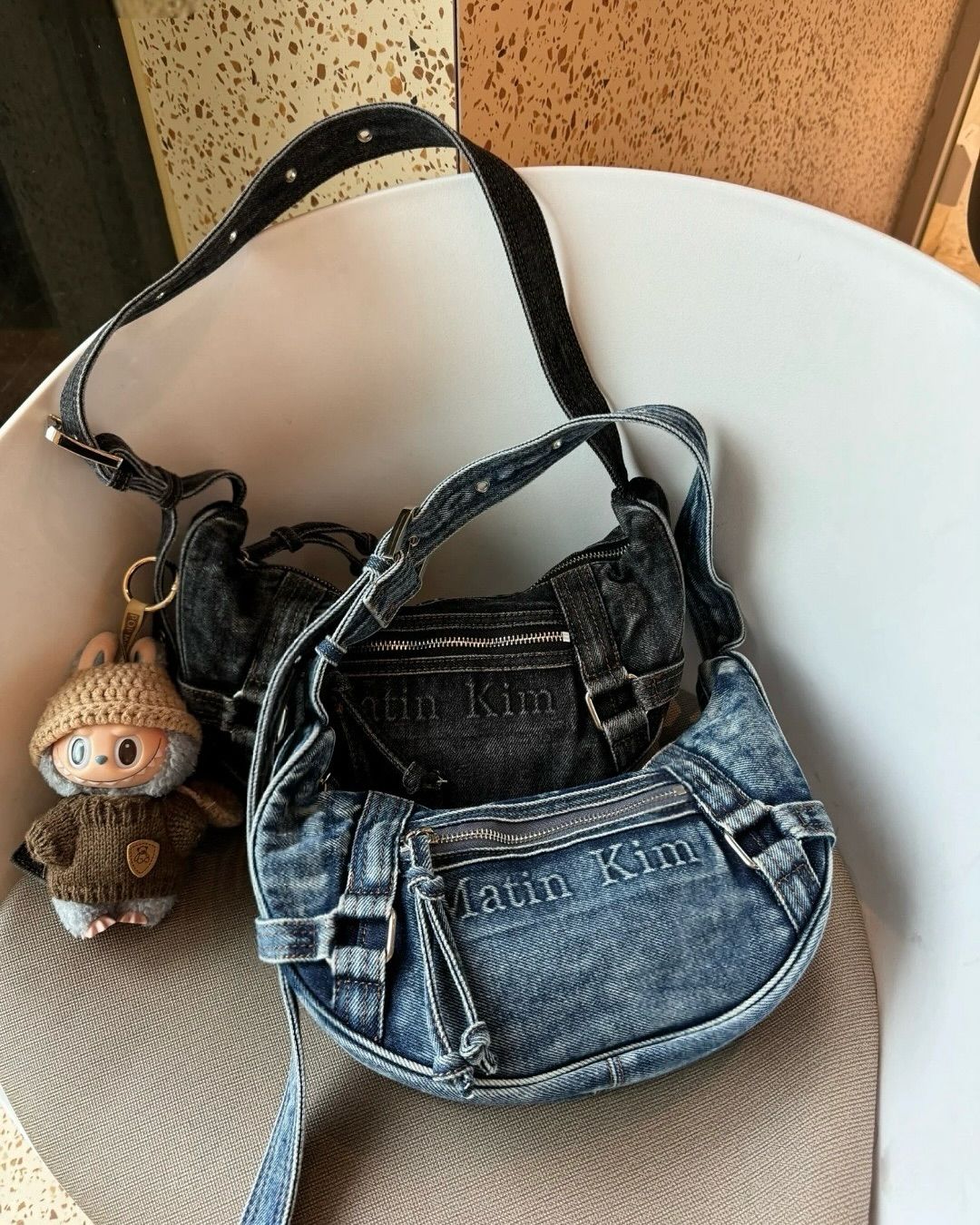 MATIN KIM MATIN WASHED DENIM MINI HOBO BAG IN