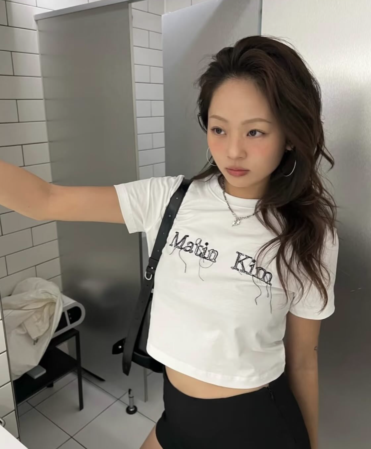 MATIN KIM LOGO THREAD POINT CROP TOP IN WHITE
