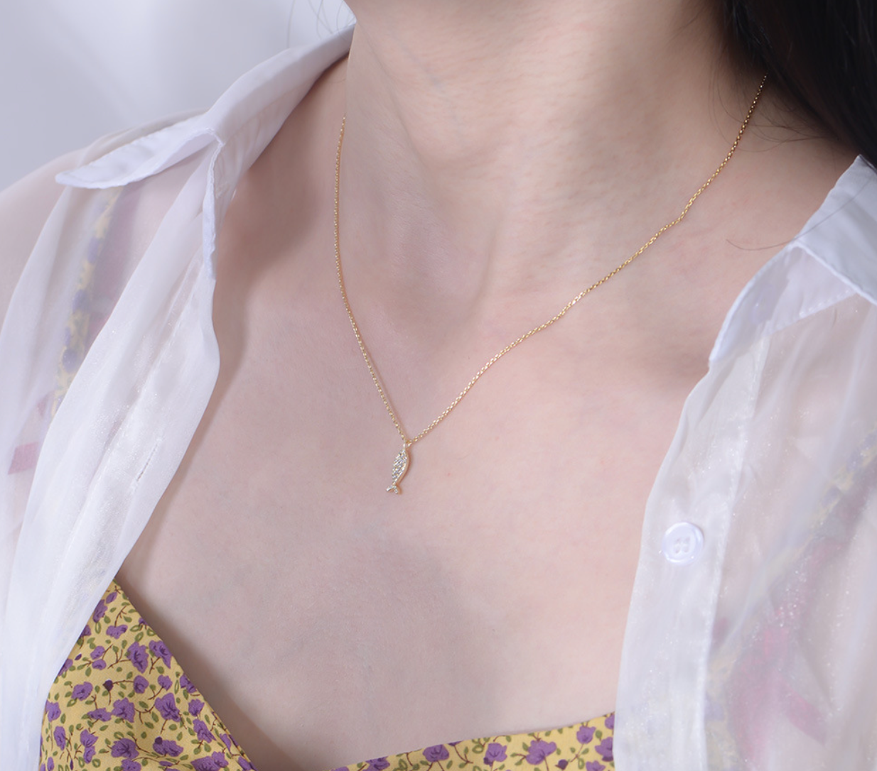 【Dolly’s】韓-全純銀 氣質鑲鑽小魚兒 情人節禮物鎖骨鏈 308A07