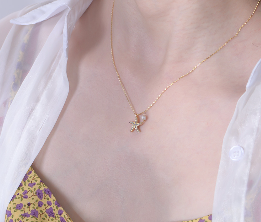 【Dolly’s】韓-全純銀 海洋之星 滿鑽海星五角星短款吊墜 情人節禮物鎖骨鏈 308A22