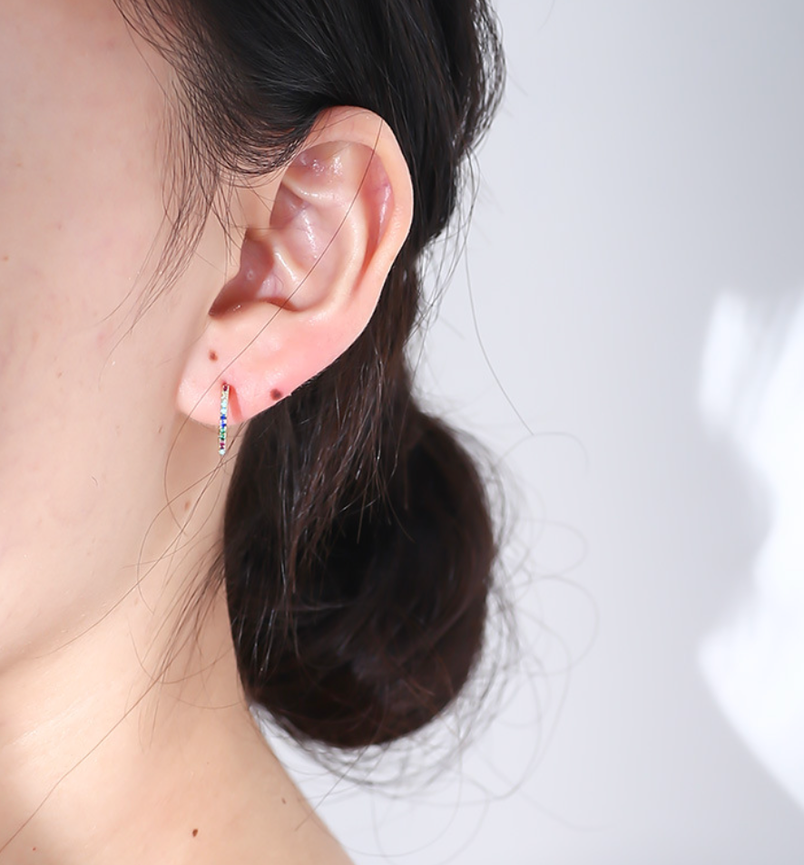 【Dolly’s】韓-全純銀 色彩曙光 彩色鋯石C形小清新 情人節禮物耳環耳釘 308D02