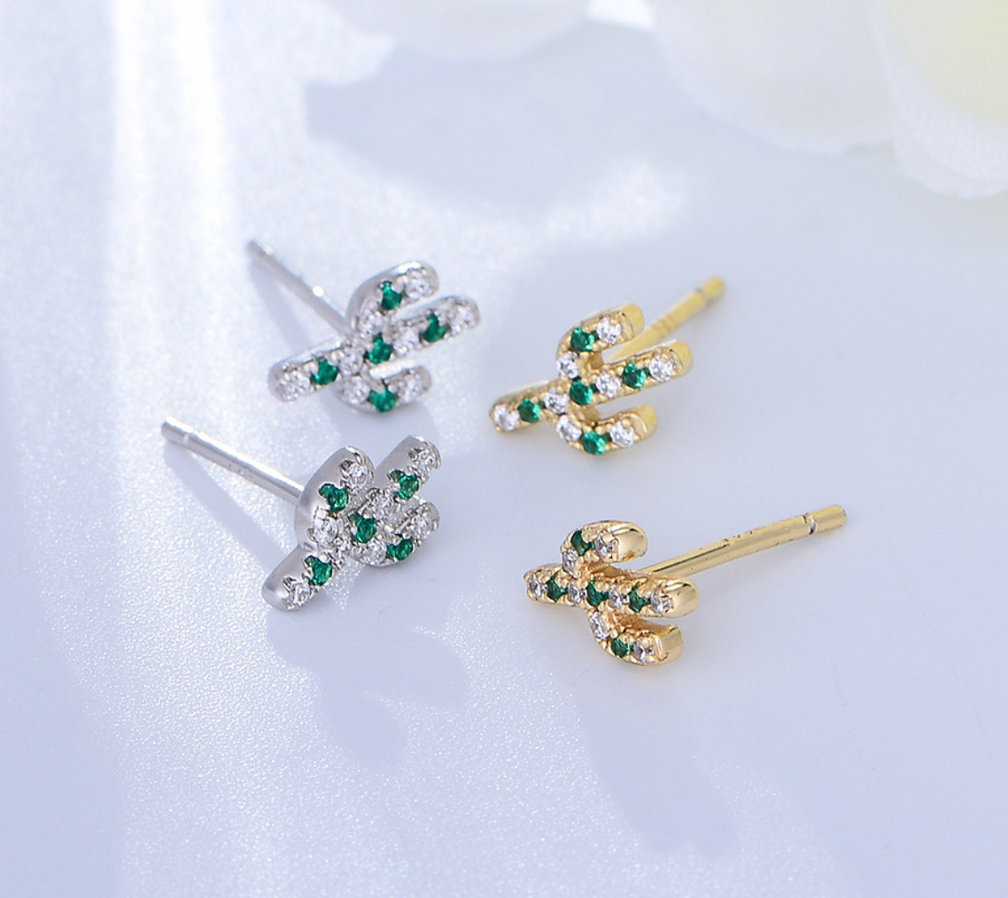 【Dolly’s】韓-全純銀  小仙人掌 植物微鑲鋯石日韓甜美 情人節禮物耳環耳釘 308D03