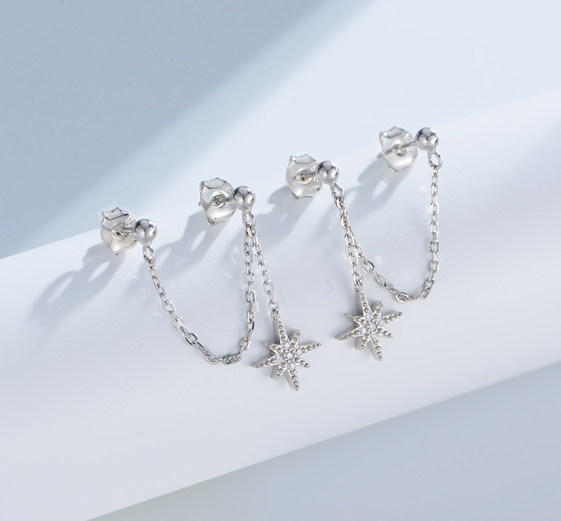 【Dolly’s】韓-全純銀 甜蜜星光 鏈條雙穿八芒星 情人節禮物耳環耳釘 308D25