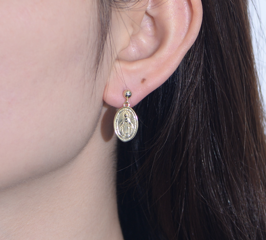 【Dolly’s】韓-全純銀 永恆之母 法式復古浮雕聖母瑪利亞 情人節禮物耳環耳釘 308D24