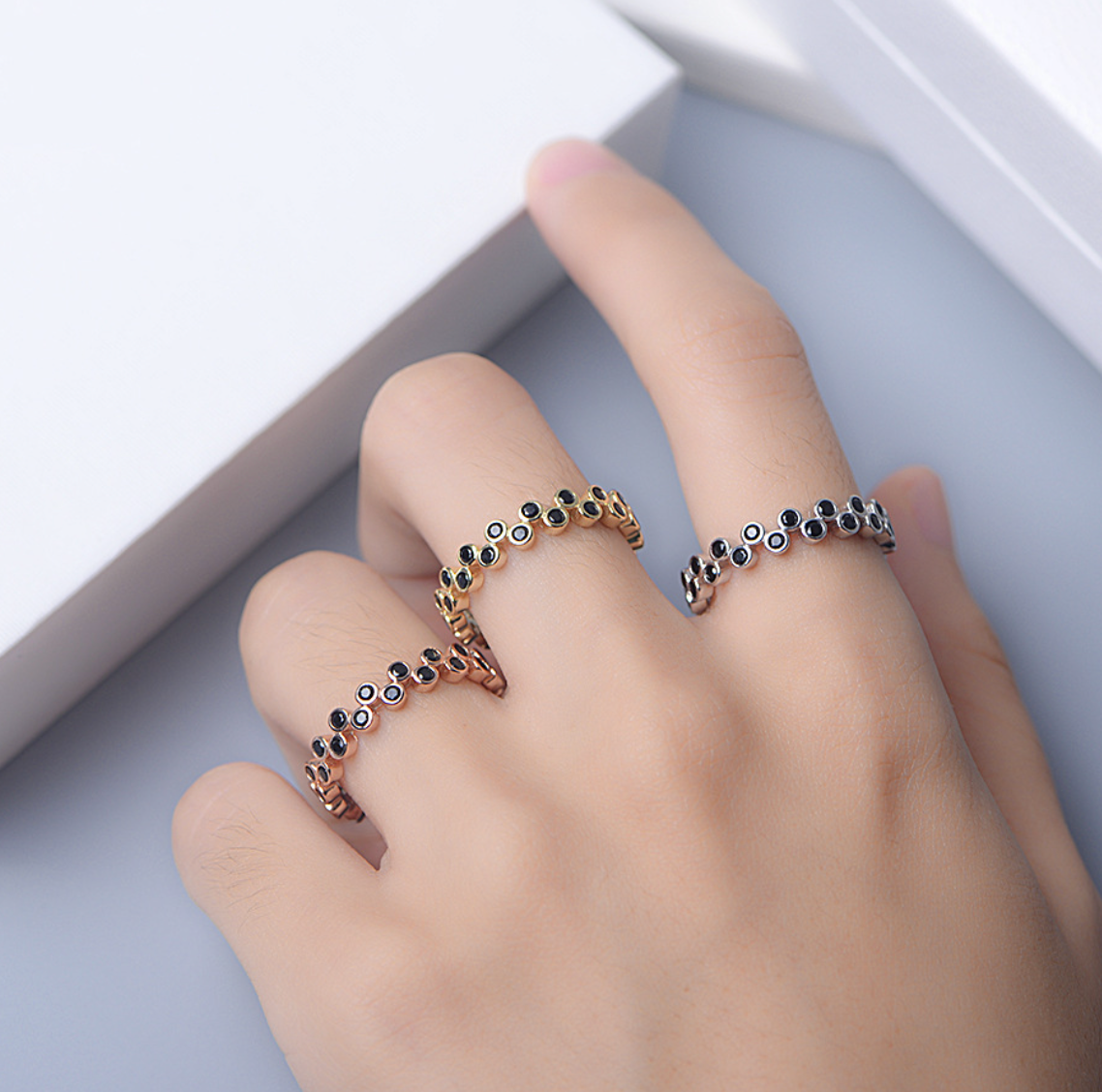 【Dolly’s】韓-全純銀 時空扭曲 冷淡風設計感疊黑鋯石 情人節禮物造型指戒 戒指 308C13