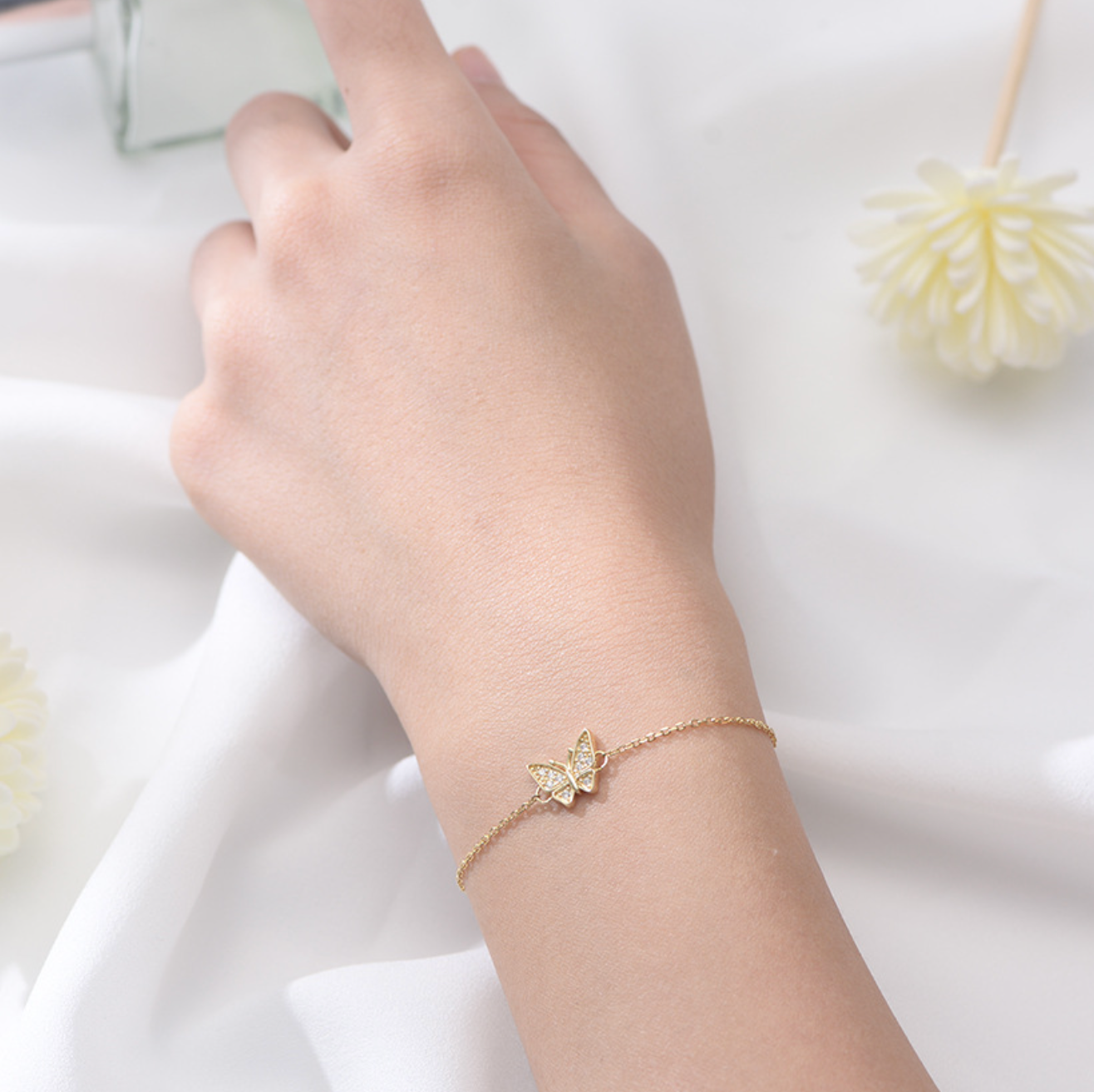 【Dolly’s】韓-全純銀 蝶戀花語 鋯石蝴蝶手鍊 情人節禮物造型手鍊 308B01