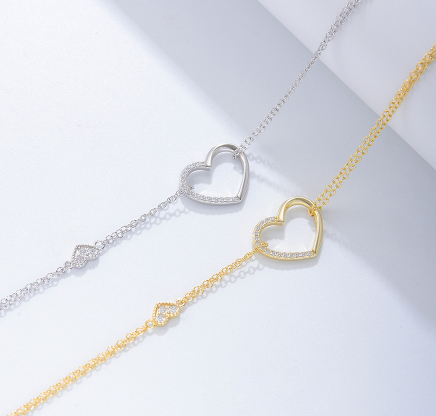 【Dolly’s】韓-全純銀 想見你 時尚簡約鑲鑽心型雙層 情人節禮物造型手鍊 308B09