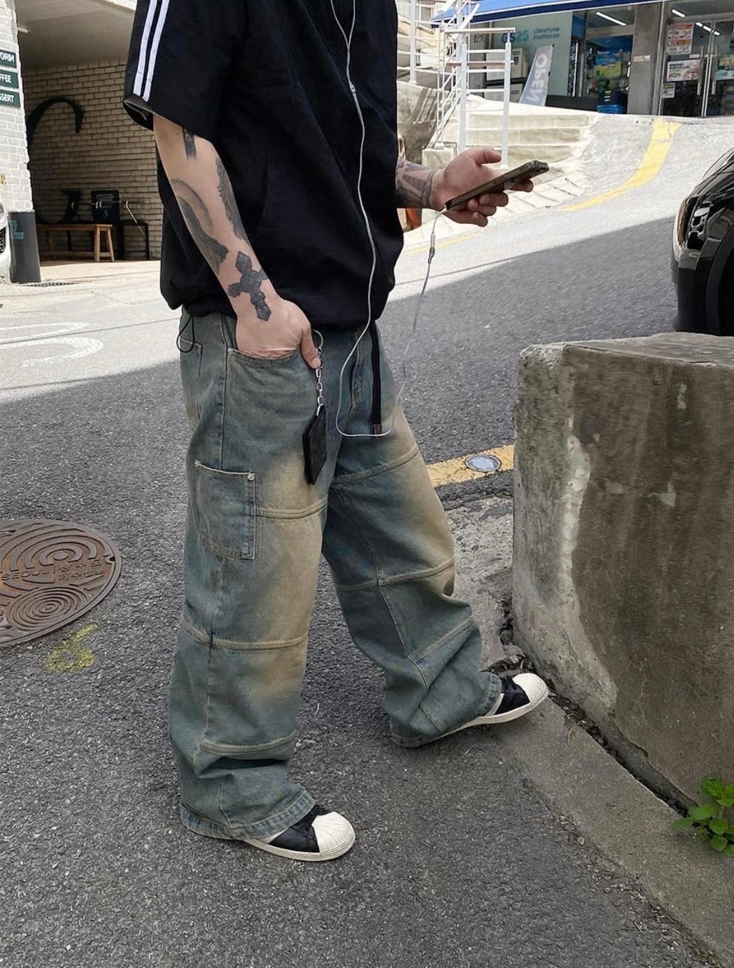 黃泥水洗接骨闊腿牛仔褲