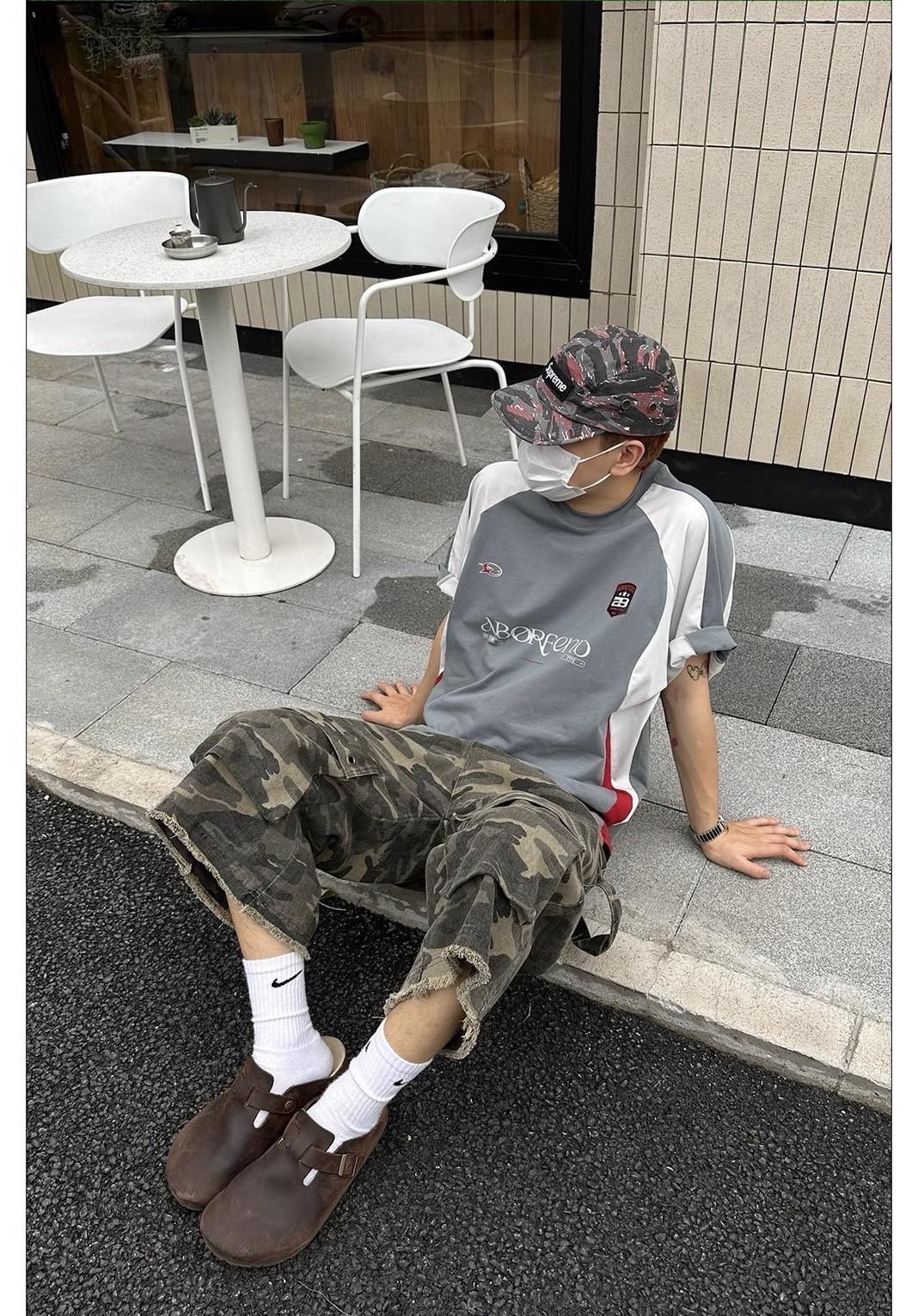 大口袋不修邊迷彩七分褲