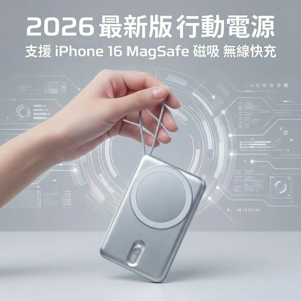 【超輕薄】2026 最新版 行動電源｜支援 iPhone 16＆17  MagSafe 磁吸 無線快充 自帶Type C