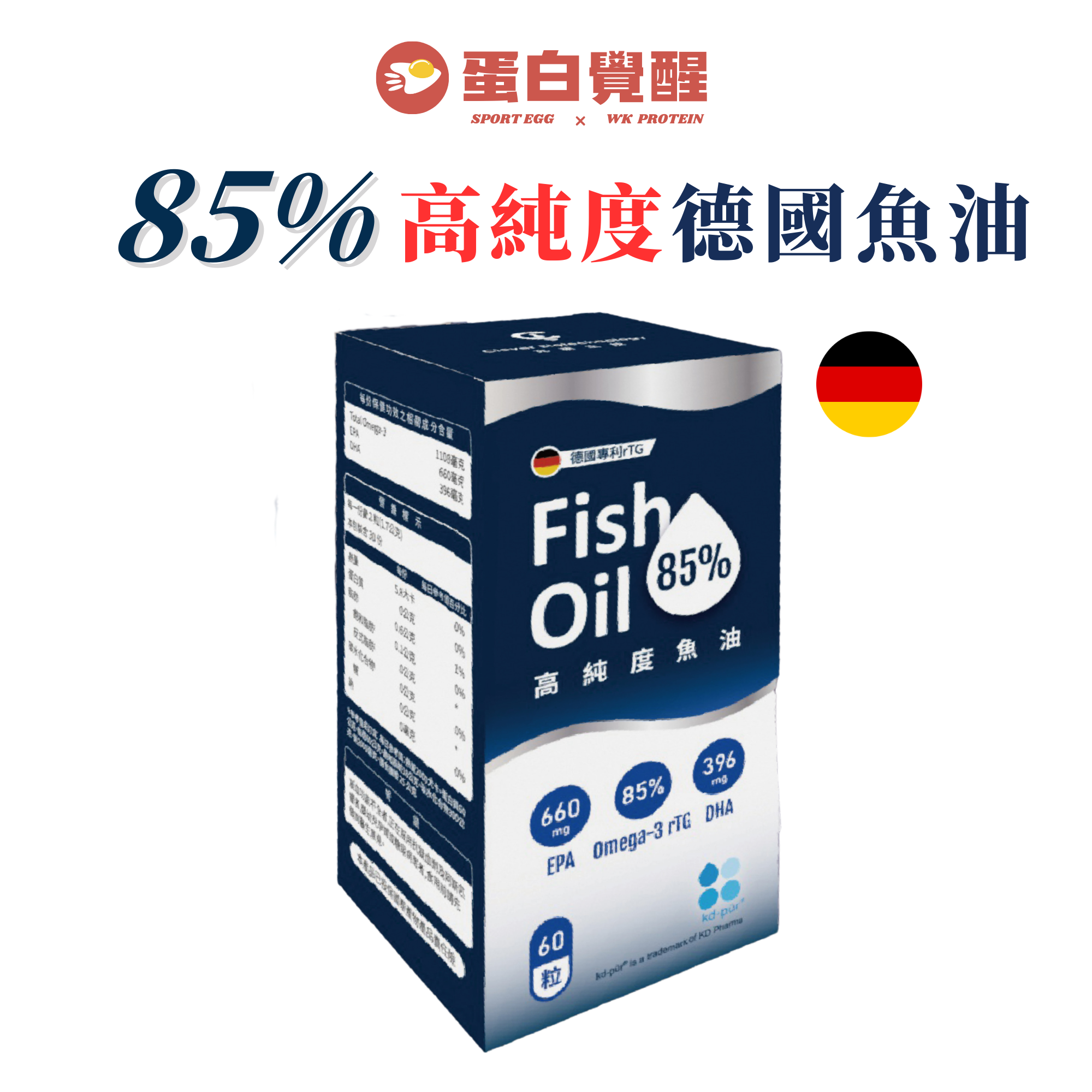 【專利高純度魚油 60顆】德國KD專利魚油｜Omega-3純度85%以上｜顆粒小 無異味