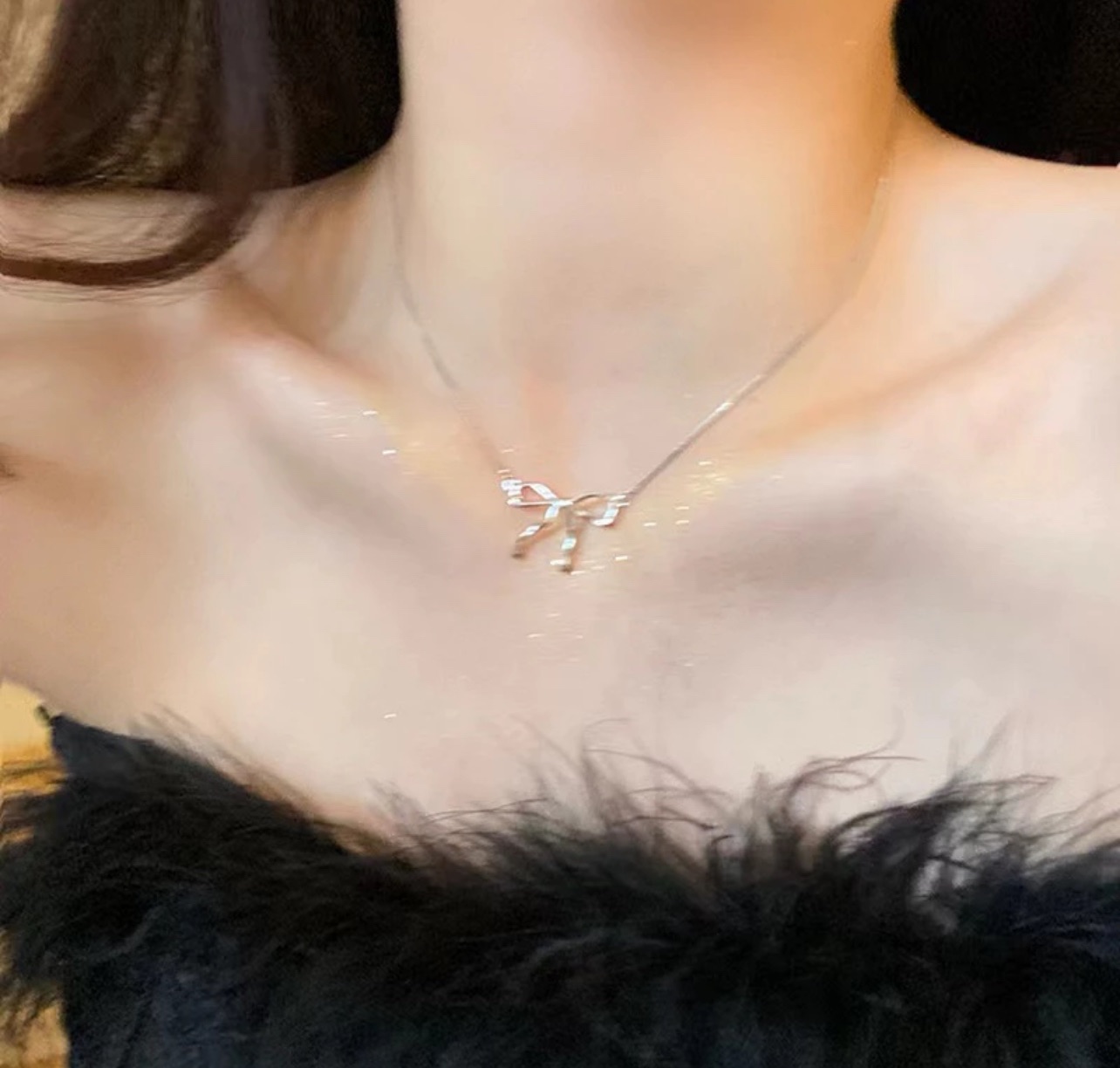 簡約蝴蝶結吊墜項鍊女小眾設計感高級鎖骨鏈新款潮頸鍊