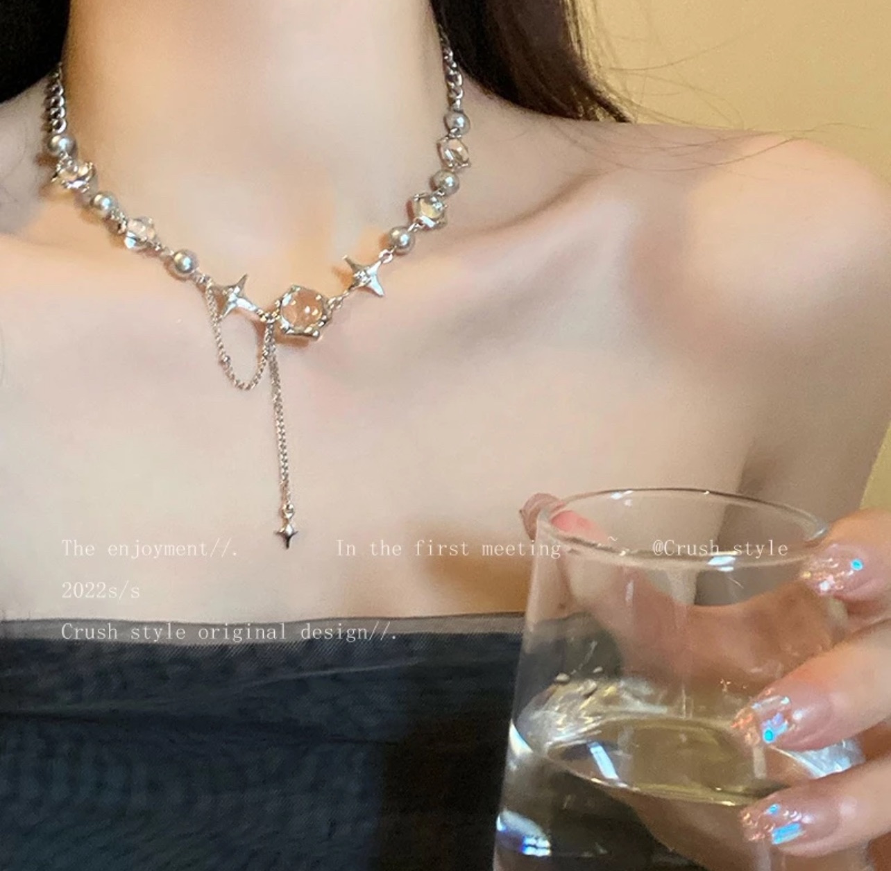 月光鋯石十字架流蘇項鍊女ins嘻哈風辣妹拼接配飾