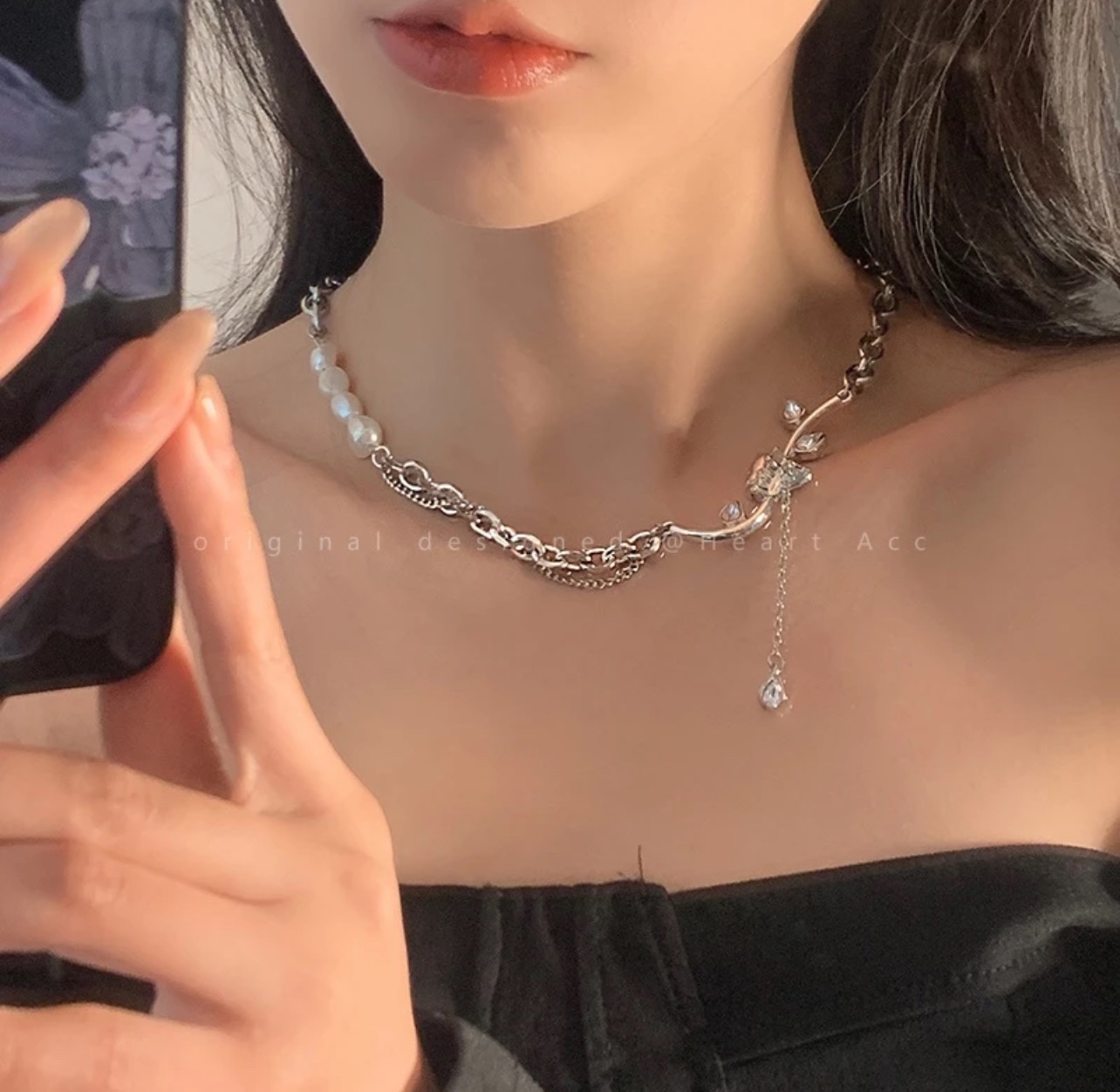 天然淡水珍珠拼接項鍊女夏輕奢小眾高級設計感配飾嘻哈鈦鋼鎖骨鏈