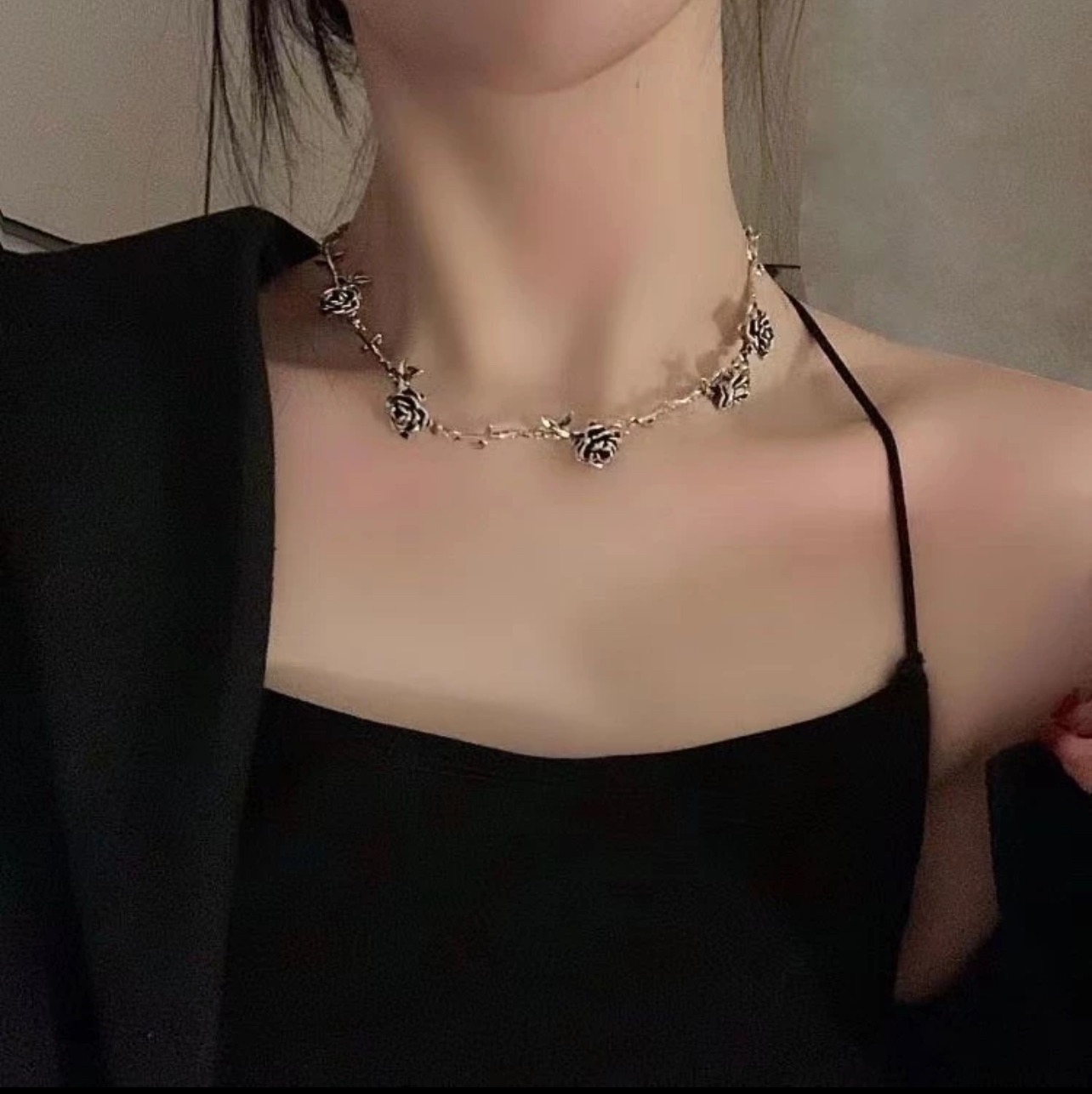 法式設計感山茶花朵葉子時尚復古潮流氣質項鍊
