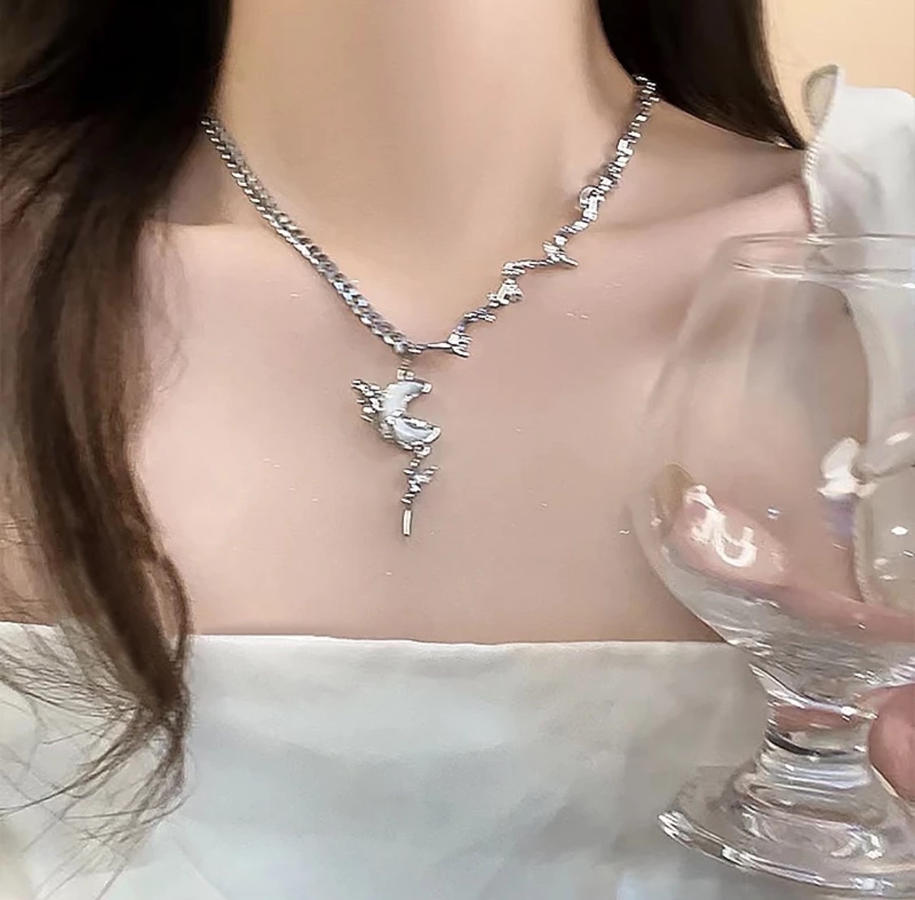 個性月牙玫瑰花十字小眾氣質時尚流蘇優雅項鍊