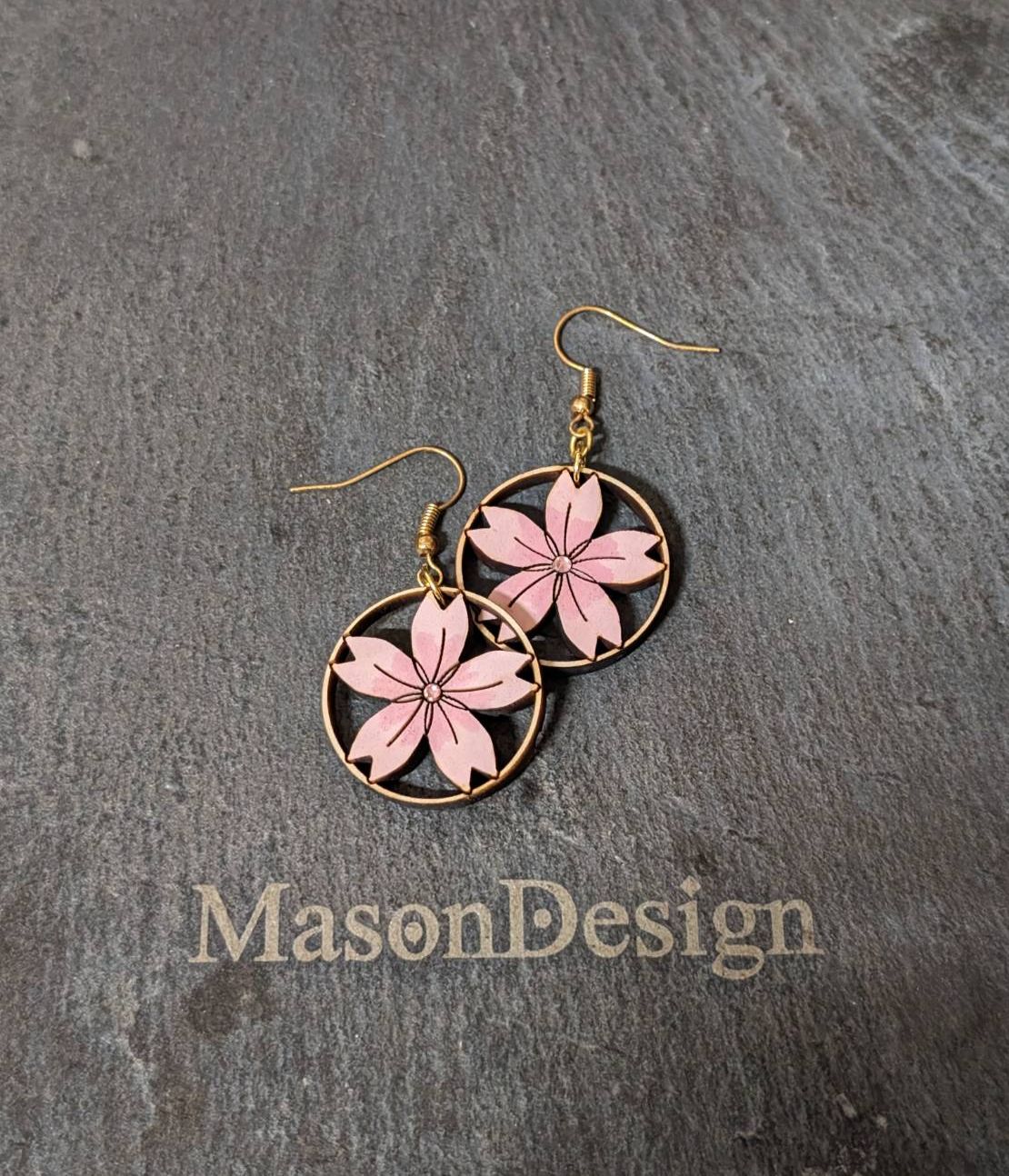 梅森設計[手作]櫻花-實木耳環