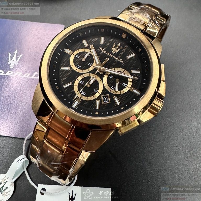 MASERATI手錶，編號R8873621013，44mm金色圓形精鋼錶殼，黑色三眼， 中三針顯示錶面，金色精鋼錶帶款
