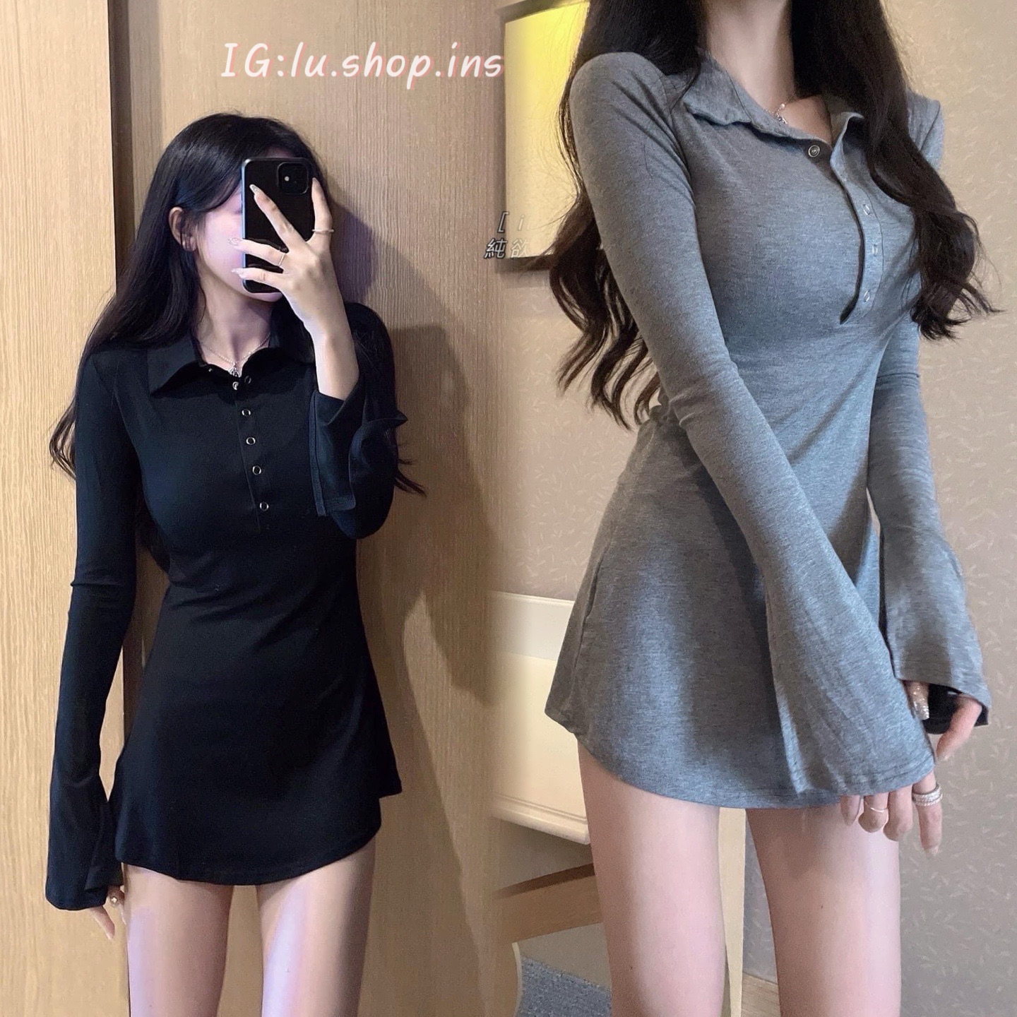 預購｜𝑰𝑵𝑺🖤#1253純欲修身帶腰身小領子傘擺連身裙