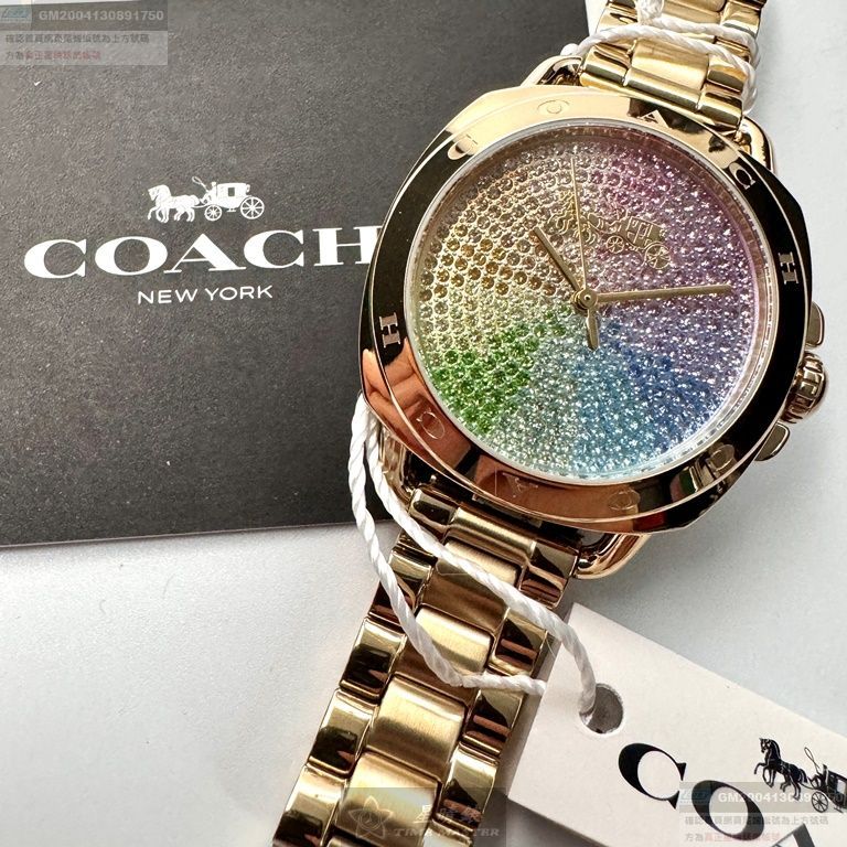 COACH手錶，編號CH00199，34mm金色圓形精鋼錶殼，彩虹中三針顯示， 滿天星錶面，金色精鋼錶帶款