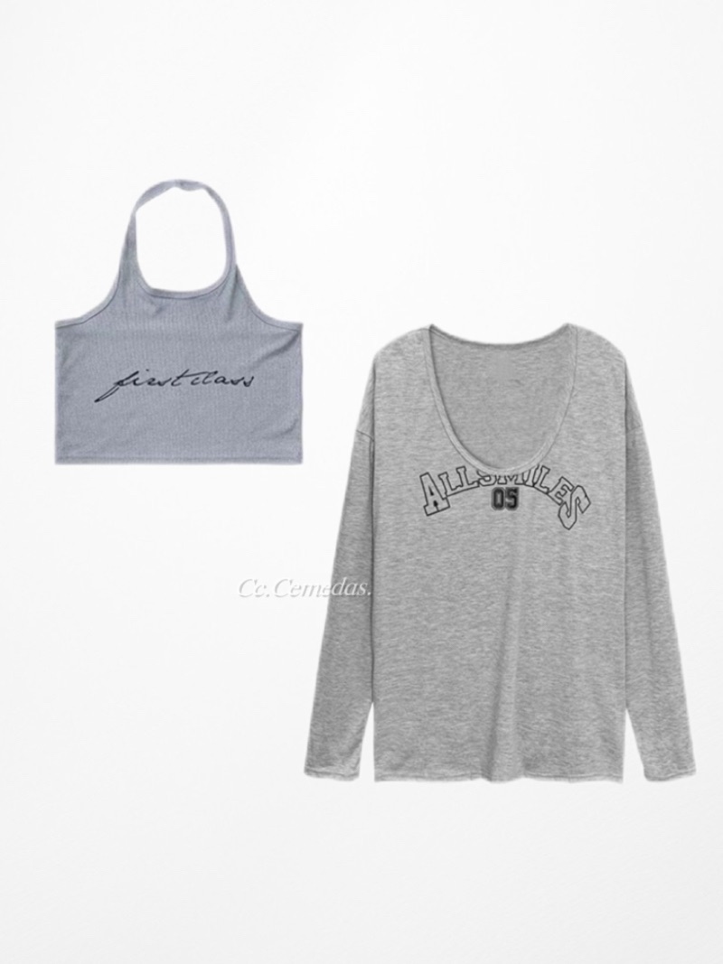 灰色大U領薄款長袖上衣+小可愛